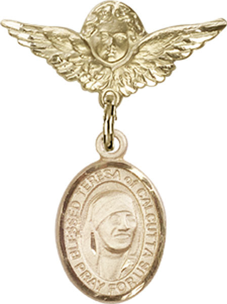 14kt Gold Baby Badge with Blessed Teresa of Calcutta Charm and Angel w/Wings Badge Pin