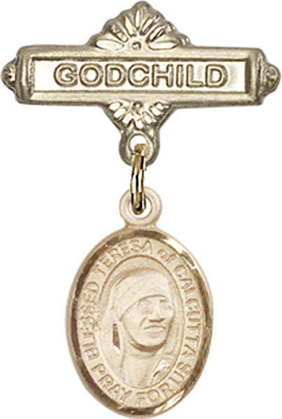 14kt Gold Baby Badge with Blessed Teresa of Calcutta Charm and Godchild Badge Pin