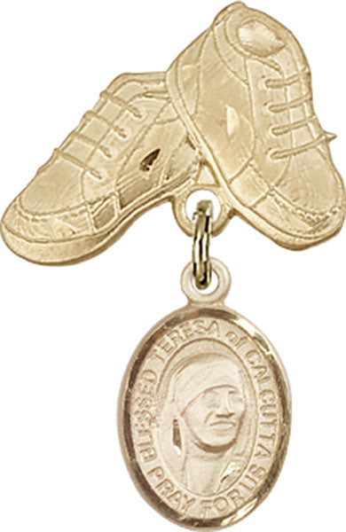 14kt Gold Baby Badge with Blessed Teresa of Calcutta Charm and Baby Boots Pin
