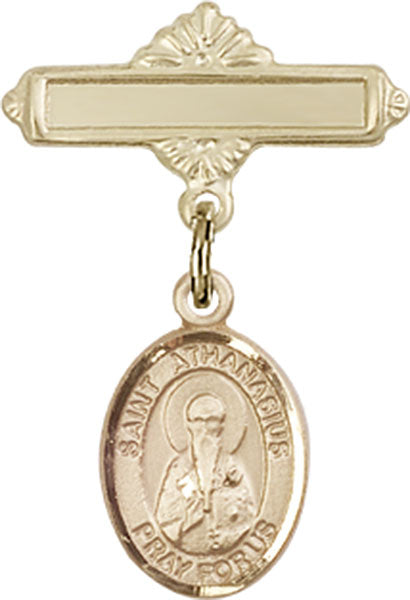 14kt Gold Baby Badge with St. Athanasius Charm and Polished Badge Pin