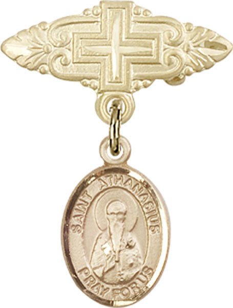 14kt Gold Baby Badge with St. Athanasius Charm and Badge Pin with Cross
