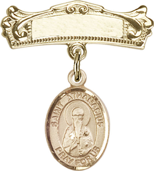 14kt Gold Baby Badge with St. Athanasius Charm and Arched Polished Badge Pin