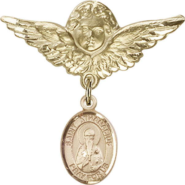 14kt Gold Baby Badge with St. Athanasius Charm and Angel w/Wings Badge Pin