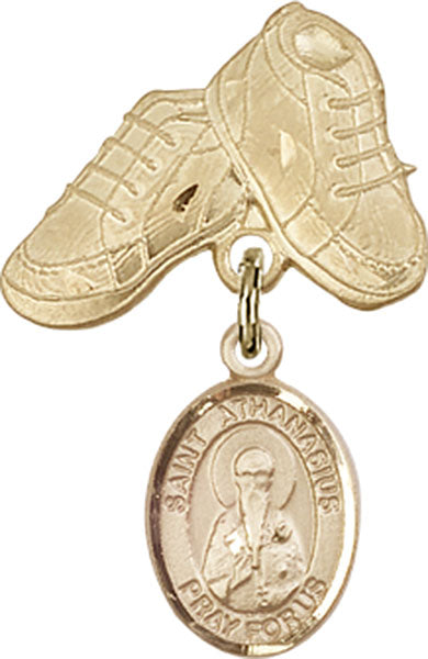14kt Gold Baby Badge with St. Athanasius Charm and Baby Boots Pin