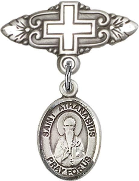 Sterling Silver Baby Badge with St. Athanasius Charm and Badge Pin with Cross