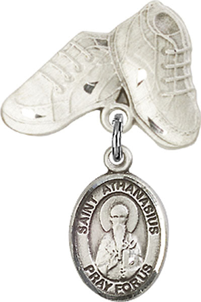 Sterling Silver Baby Badge with St. Athanasius Charm and Baby Boots Pin