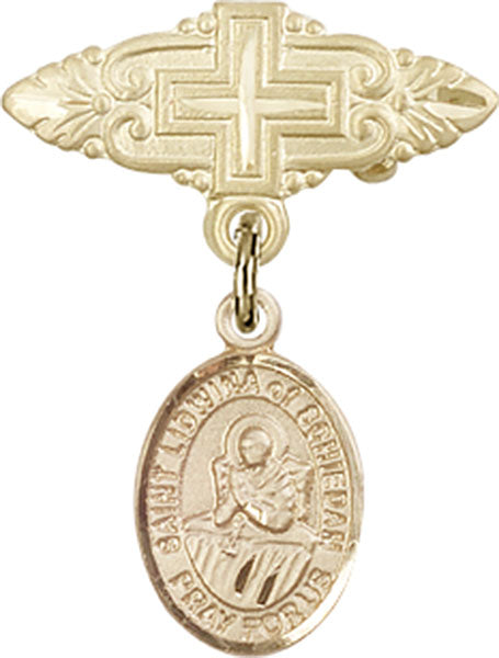 14kt Gold Filled Baby Badge with St. Lidwina of Schiedam Charm and Badge Pin with Cross