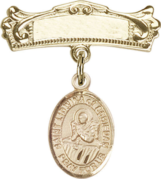 14kt Gold Baby Badge with St. Lidwina of Schiedam Charm and Arched Polished Badge Pin