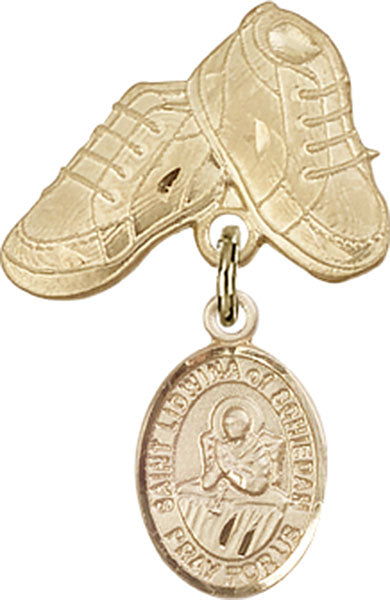 14kt Gold Baby Badge with St. Lidwina of Schiedam Charm and Baby Boots Pin