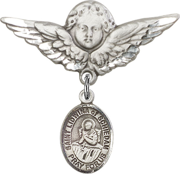 Sterling Silver Baby Badge with St. Lidwina of Schiedam Charm and Angel w/Wings Badge Pin