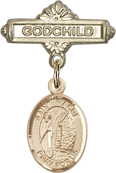 14kt Gold Filled Baby Badge with St. Fiacre Charm and Godchild Badge Pin