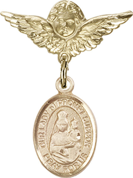 14kt Gold Filled Baby Badge with O/L of Prompt Succor Charm and Angel w/Wings Badge Pin