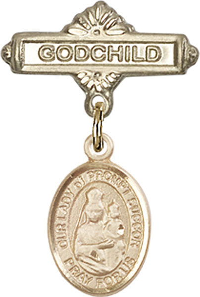 14kt Gold Filled Baby Badge with O/L of Prompt Succor Charm and Godchild Badge Pin