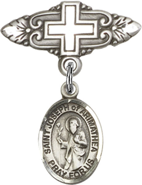 Sterling Silver Baby Badge with St. Joseph of Arimathea Charm and Badge Pin with Cross