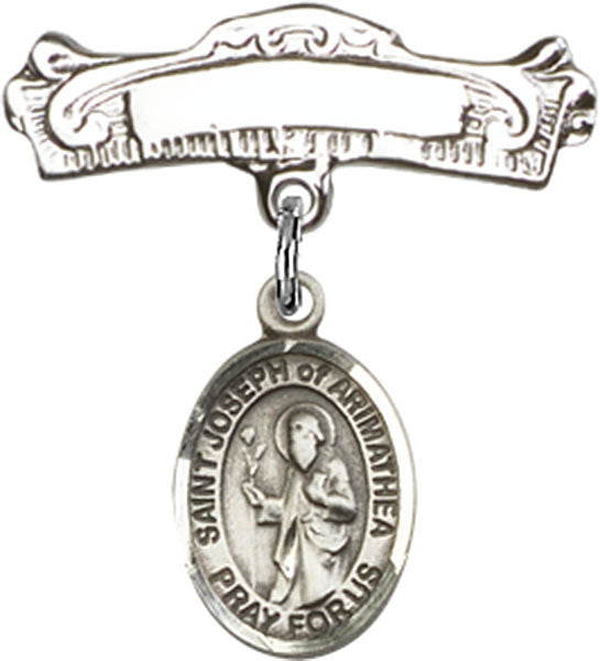 Sterling Silver Baby Badge with St. Joseph of Arimathea Charm and Arched Polished Badge Pin