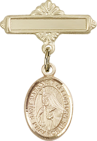 14kt Gold Filled Baby Badge with St. Margaret of Cortona Charm and Polished Badge Pin