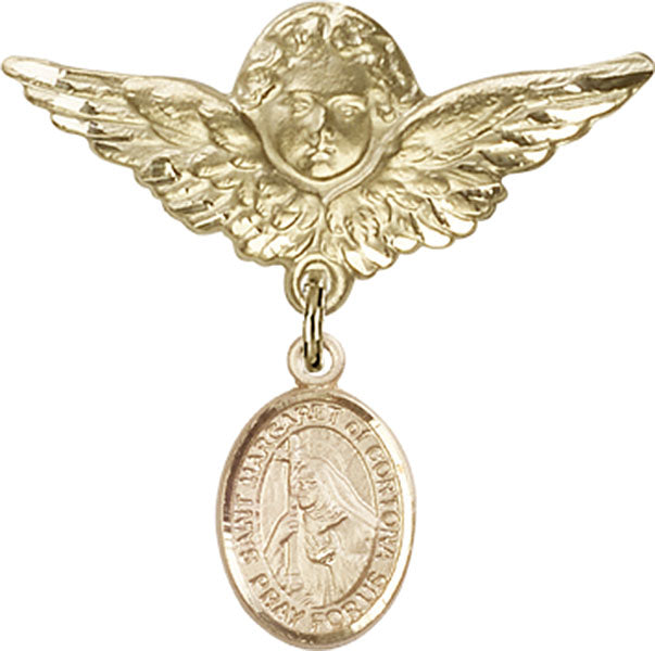 14kt Gold Filled Baby Badge with St. Margaret of Cortona Charm and Angel w/Wings Badge Pin
