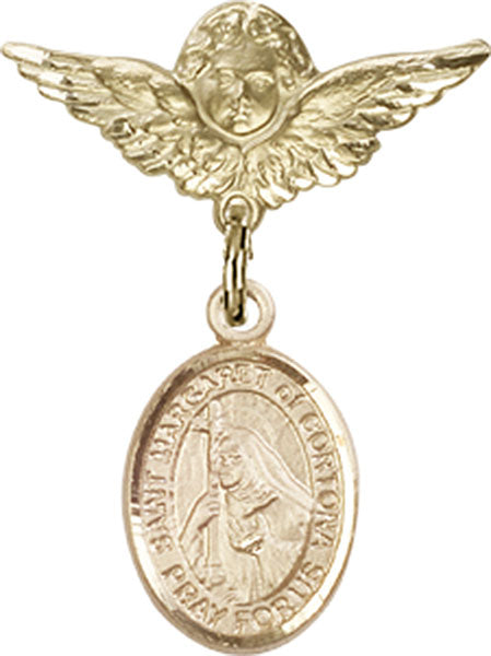 14kt Gold Filled Baby Badge with St. Margaret of Cortona Charm and Angel w/Wings Badge Pin