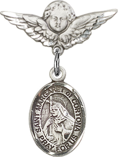 Sterling Silver Baby Badge with St. Margaret of Cortona Charm and Angel w/Wings Badge Pin