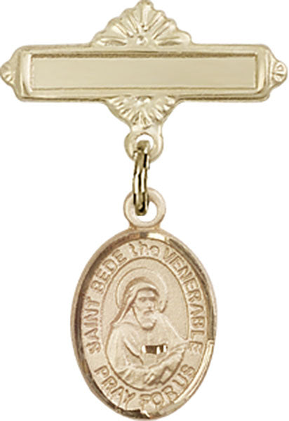 14kt Gold Filled Baby Badge with St. Bede the Venerable Charm and Polished Badge Pin