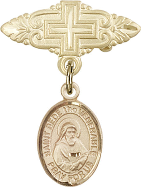14kt Gold Filled Baby Badge with St. Bede the Venerable Charm and Badge Pin with Cross