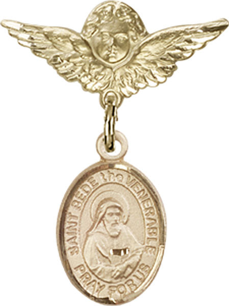 14kt Gold Filled Baby Badge with St. Bede the Venerable Charm and Angel w/Wings Badge Pin