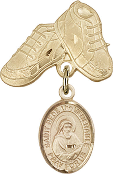14kt Gold Filled Baby Badge with St. Bede the Venerable Charm and Baby Boots Pin