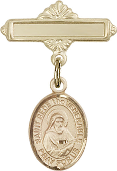 14kt Gold Baby Badge with St. Bede the Venerable Charm and Polished Badge Pin