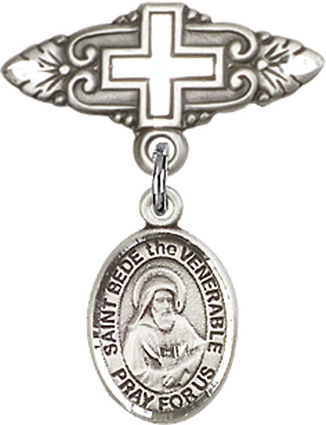 Sterling Silver Baby Badge with St. Bede the Venerable Charm and Badge Pin with Cross