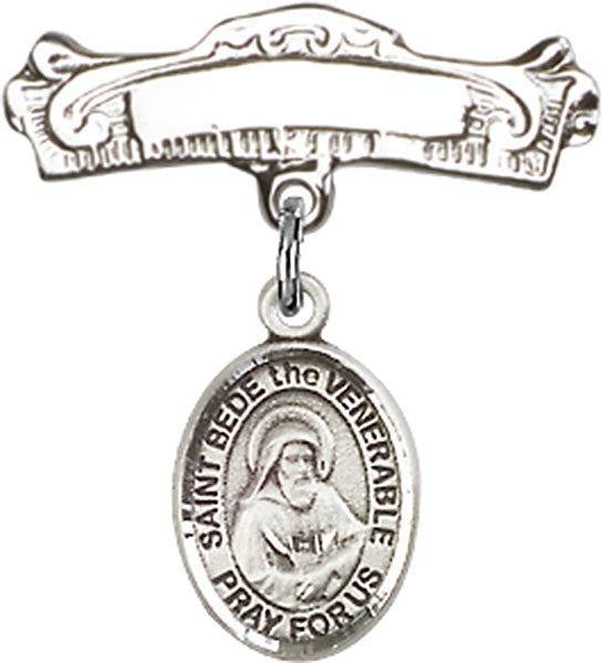 Sterling Silver Baby Badge with St. Bede the Venerable Charm and Arched Polished Badge Pin