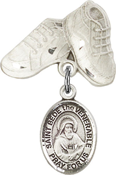 Sterling Silver Baby Badge with St. Bede the Venerable Charm and Baby Boots Pin
