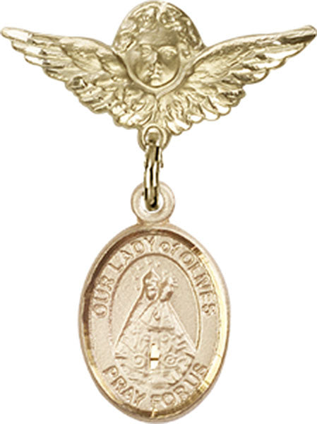 14kt Gold Filled Baby Badge with O/L of Olives Charm and Angel w/Wings Badge Pin