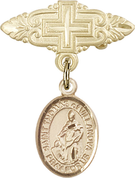 14kt Gold Filled Baby Badge with St. Thomas of Villanova Charm and Badge Pin with Cross