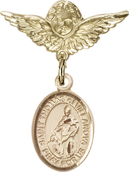 14kt Gold Filled Baby Badge with St. Thomas of Villanova Charm and Angel w/Wings Badge Pin
