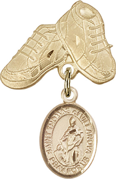 14kt Gold Filled Baby Badge with St. Thomas of Villanova Charm and Baby Boots Pin