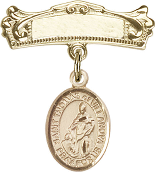 14kt Gold Baby Badge with St. Thomas of Villanova Charm and Arched Polished Badge Pin