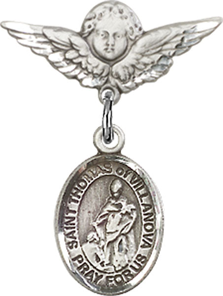 Sterling Silver Baby Badge with St. Thomas of Villanova Charm and Angel w/Wings Badge Pin