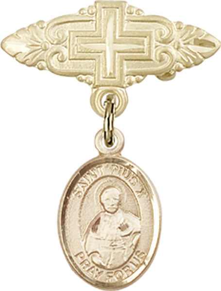 14kt Gold Filled Baby Badge with St. Pius X Charm and Badge Pin with Cross