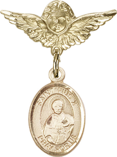 14kt Gold Filled Baby Badge with St. Pius X Charm and Angel w/Wings Badge Pin