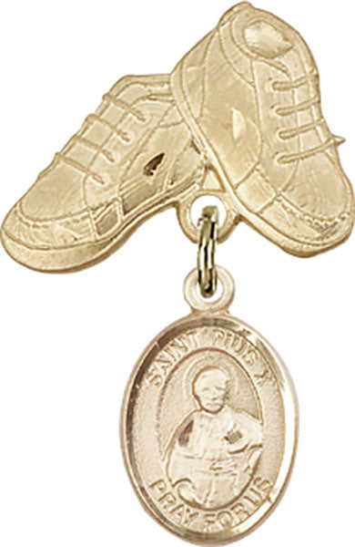 14kt Gold Filled Baby Badge with St. Pius X Charm and Baby Boots Pin