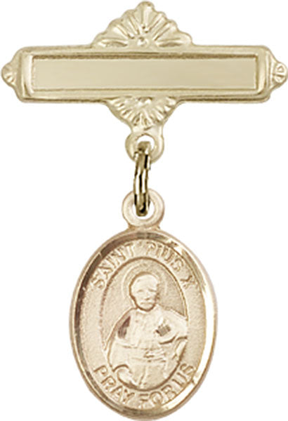 14kt Gold Baby Badge with St. Pius X Charm and Polished Badge Pin
