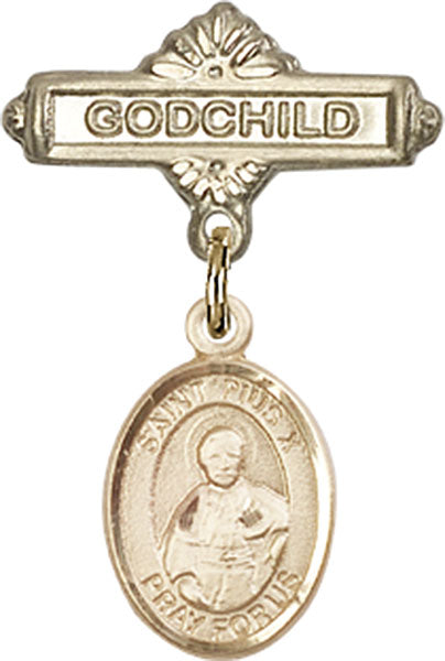 14kt Gold Baby Badge with St. Pius X Charm and Godchild Badge Pin