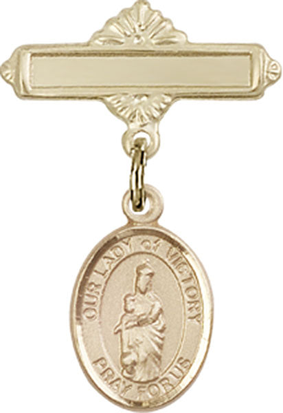14kt Gold Filled Baby Badge with O/L of Victory Charm and Polished Badge Pin
