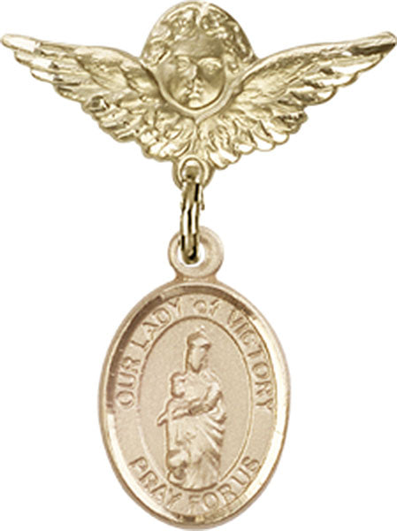 14kt Gold Baby Badge with O/L of Victory Charm and Angel w/Wings Badge Pin