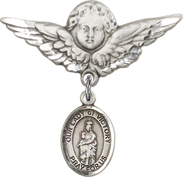 Sterling Silver Baby Badge with O/L of Victory Charm and Angel w/Wings Badge Pin