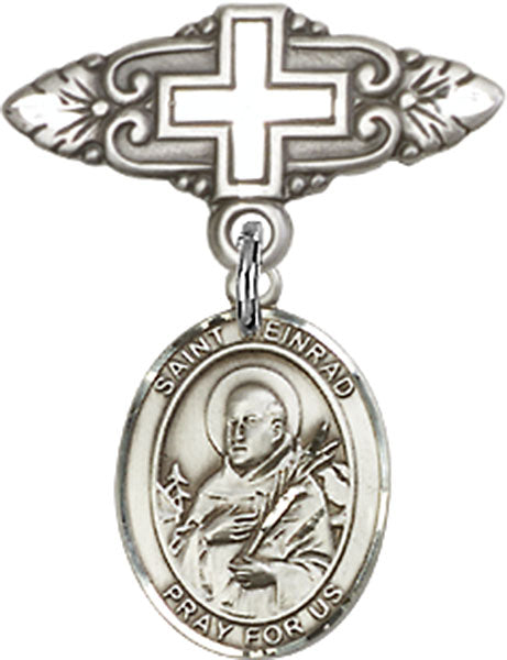 Sterling Silver Baby Badge with St. Meinrad of Einsideln Charm and Badge Pin with Cross