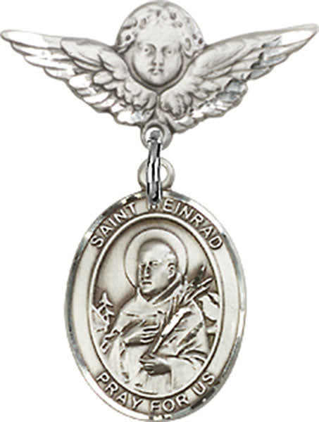 Sterling Silver Baby Badge with St. Meinrad of Einsideln Charm and Angel w/Wings Badge Pin
