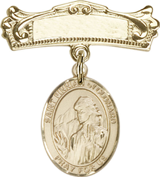 14kt Gold Filled Baby Badge with St. Finnian of Clonard Charm and Arched Polished Badge Pin