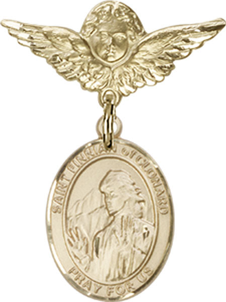 14kt Gold Filled Baby Badge with St. Finnian of Clonard Charm and Angel w/Wings Badge Pin