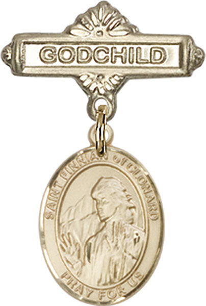 14kt Gold Baby Badge with St. Finnian of Clonard Charm and Godchild Badge Pin